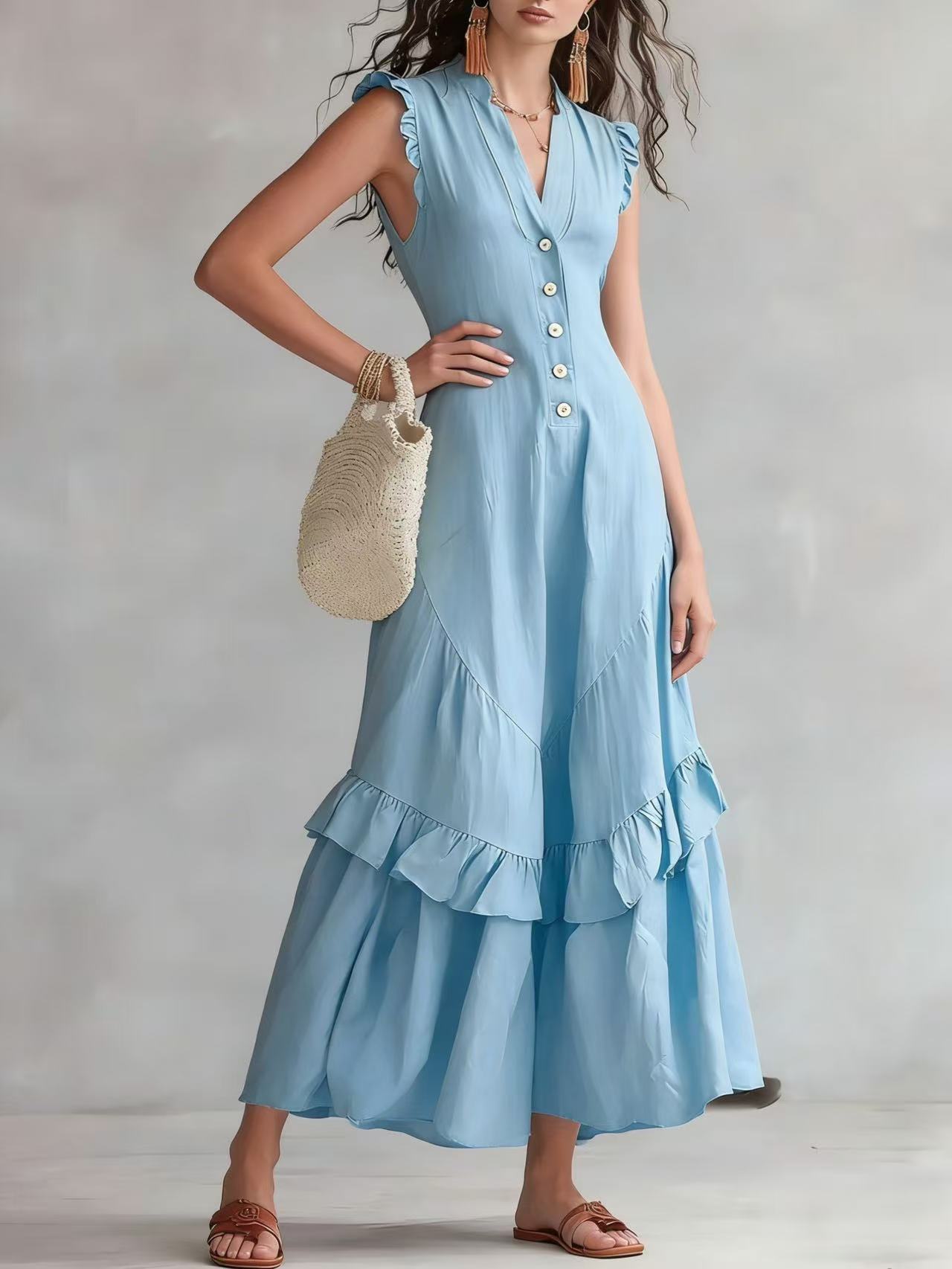 Boho Flowy Sleeveless Maxi Dress V-Neck Button-Front Ruffle Hem A-Line Skirt